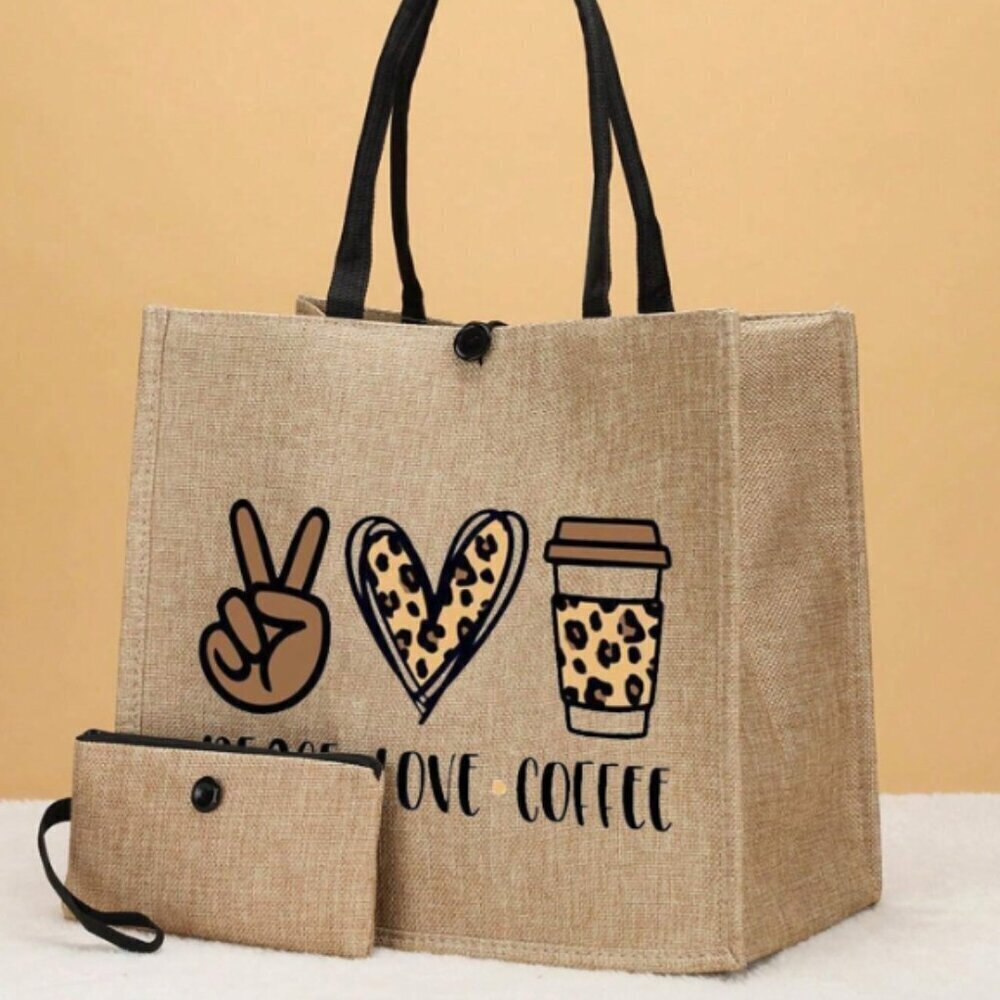 Peace Love Coffee Linen Shopping Tote Bag Bonus Free Wallet Bag